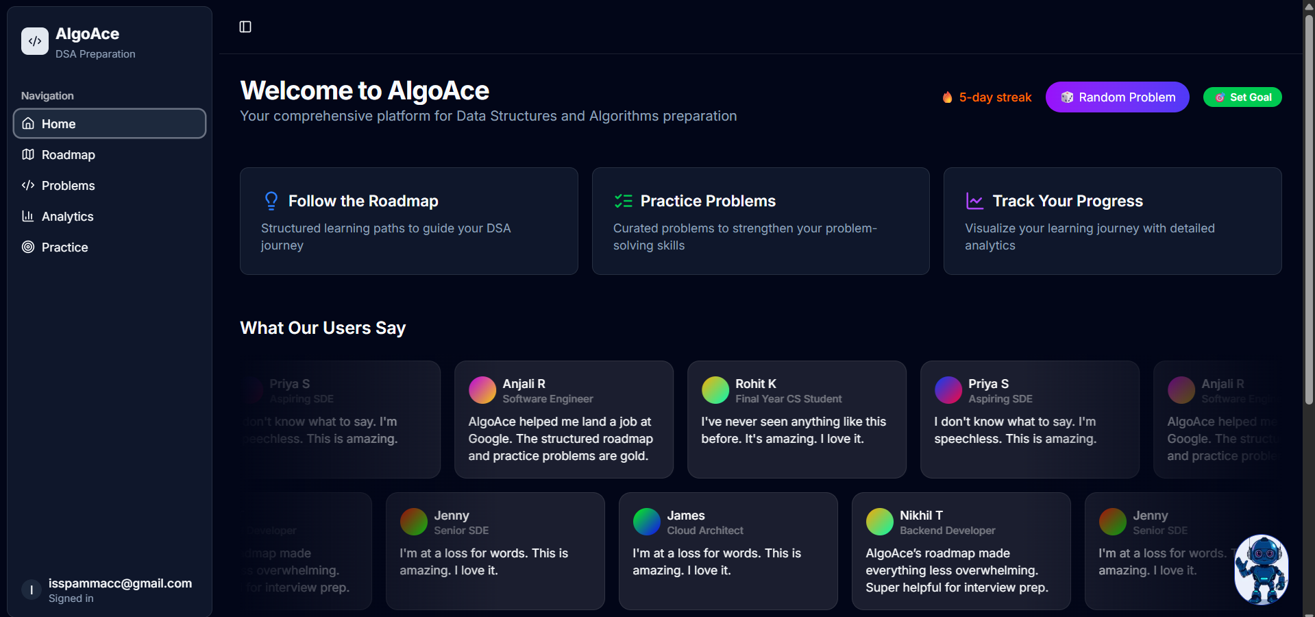 AlgoAce dashboard showing AI-generated questions and explanations