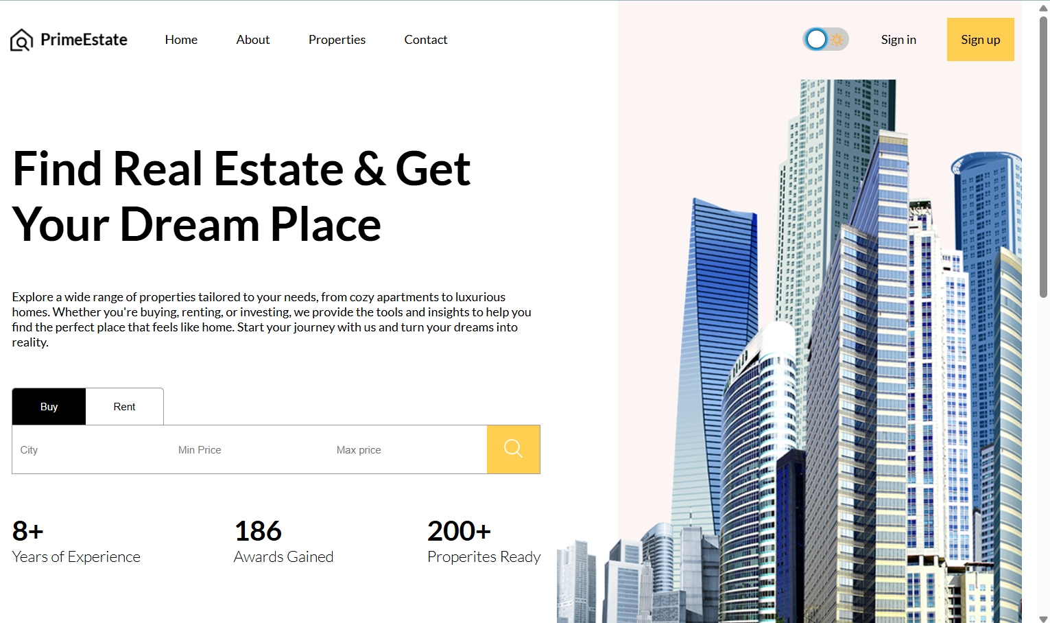 PrimeEstate property listing interface with search filters